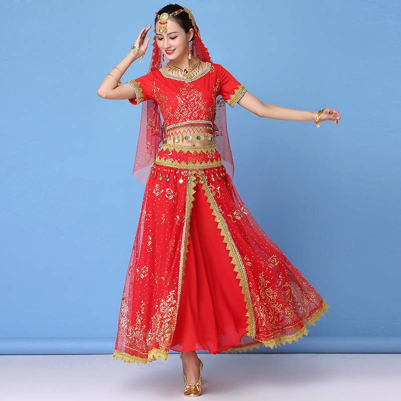 vêtements de danse femmes performance indien sari tenue bollywood danse du ventre costumes ensemble haut + ceinture + jupe + voile + casque: Red / M