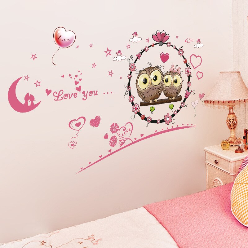 Cartoon Couple Owls Pink Hearts Wall Stickers for Living Room Bedroom Wall Decals Kids Room Decoration PVC removable Stickers