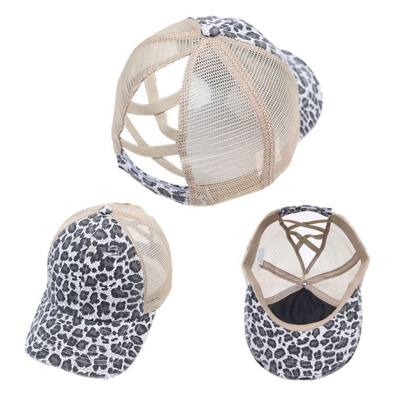 Women Distressed Washed Mesh Baseball Cap Leopard Camo Ponytail Band Trucker Hat: 1