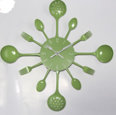 Cutlery Metal Kitchen Wall Clock Spoon Fork Quartz Wall Mounted Clocks Modern Decorative Horloge Murale: green2