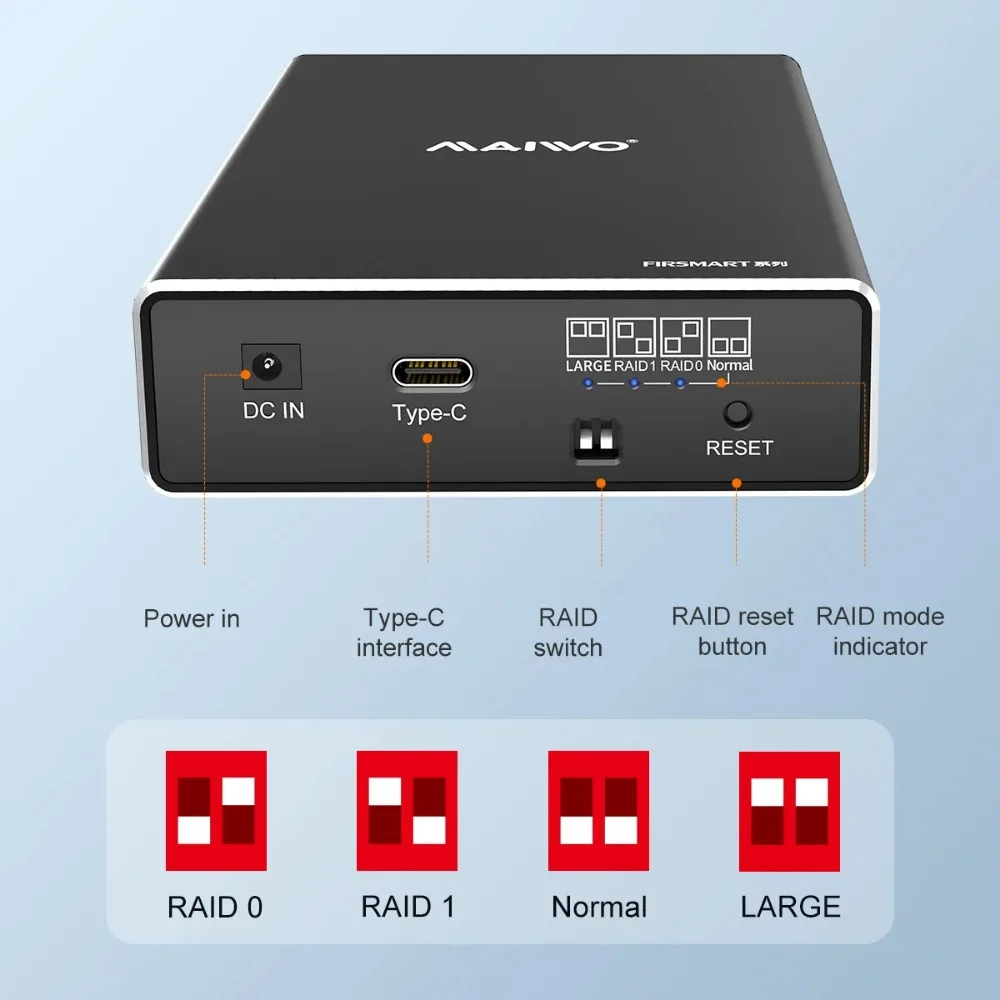 MAIWO HDD Case 2.5 Inch Dual Bay External Hard Drive Enclosure Case HD Array SATA TO USB Hard Disk Array With 4 RAID Function