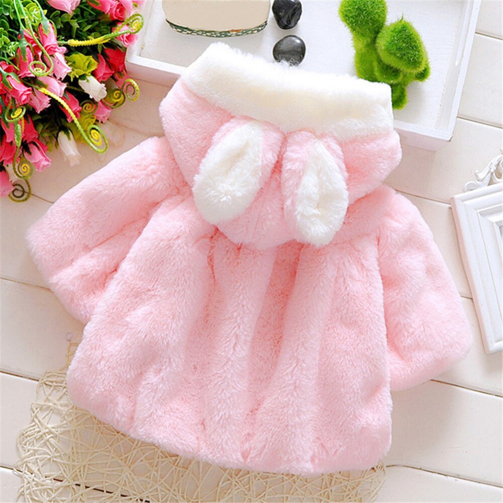 Baby Girl Cartoon Winter Coat with Cute Rabbit Ear Hoodie Warm Soft Coat Jacket Princess Pink Clothes for 0-24Months