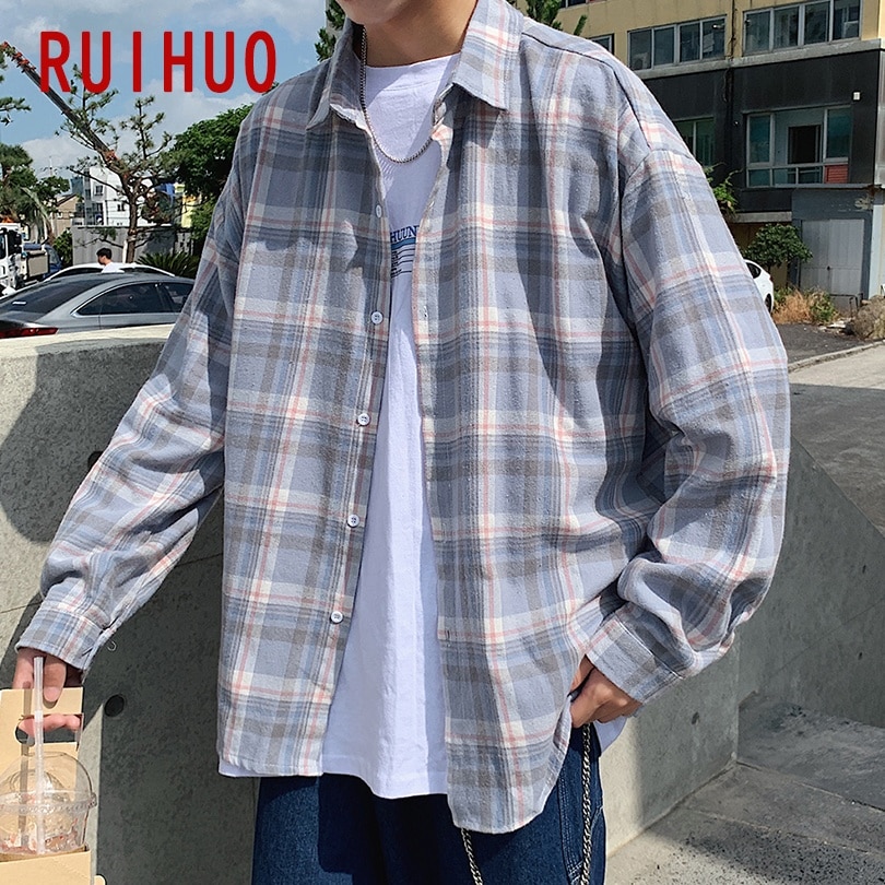 Ruihuo våren casual rutig skjorta herr slim fit bomull herr långärmade skjortor herr toppar märke plus size m -2xl