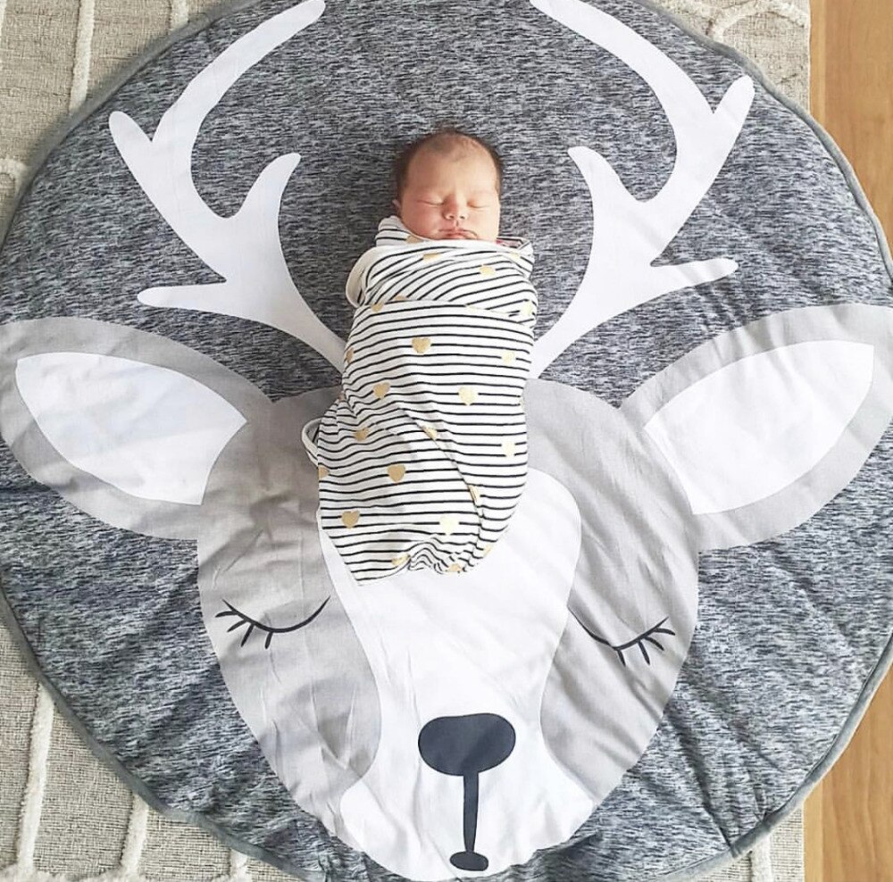 Baby lekmattor barn mattor tjock bomull småbarn krypande knäskydd baby matta rund giraff kanin lekmatta djurtryck filt