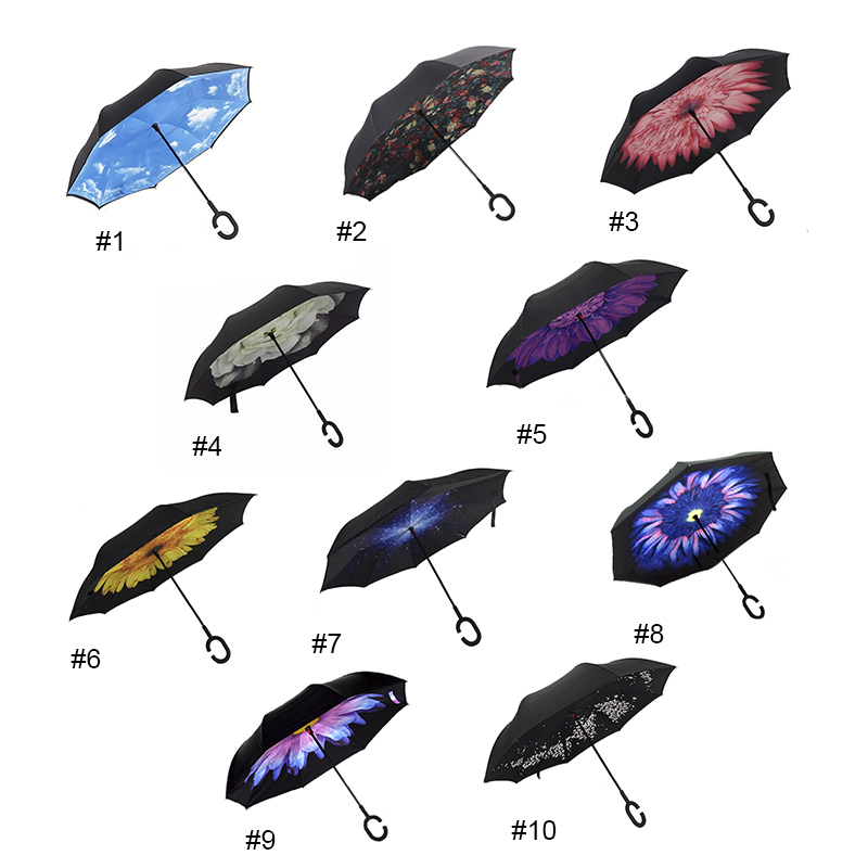 10 colores paraguas plegable a prueba de viento doble capa sol mujeres lluvia invertida paraguas reversible soporte autónomo a prueba de viento c-hook manos