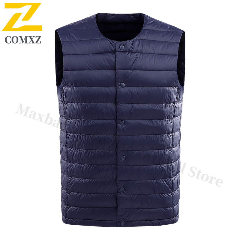 Winter Men's Sports Vest White Duck Down Lightweight Portable Waterproof Windproof Sleeveless Jacket for Hiking Camping Fishing: XXL / Blue