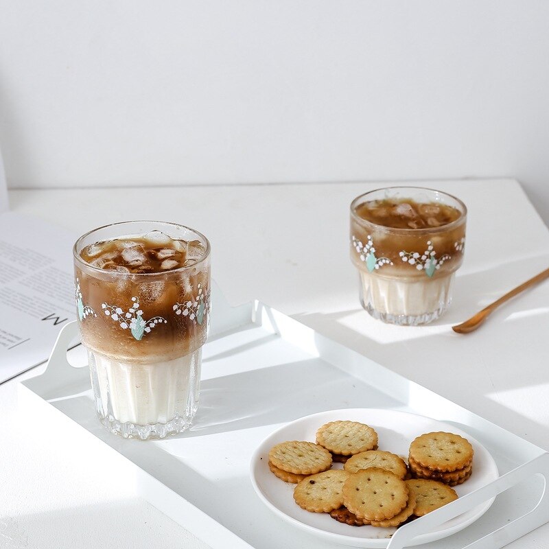 Muguet fleur verre clair tasse corée café lait jus tasse verre frais fille coeur lait thé tasse