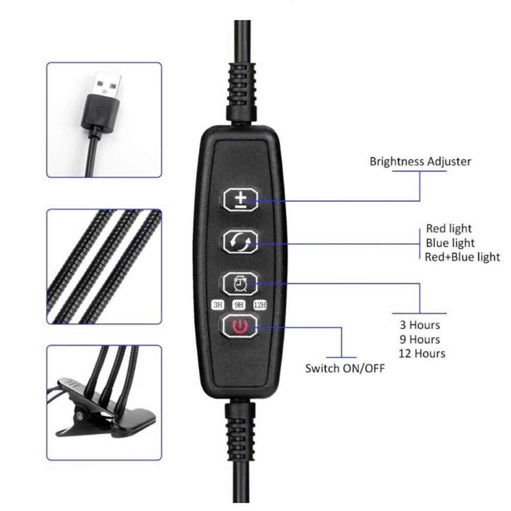 GloryStar LED 5V 27W USB Grow Light Bulb with Red Blue Spectrum Adjustable 3-Head Timer Plant Grow Lamp for Indoor Plants