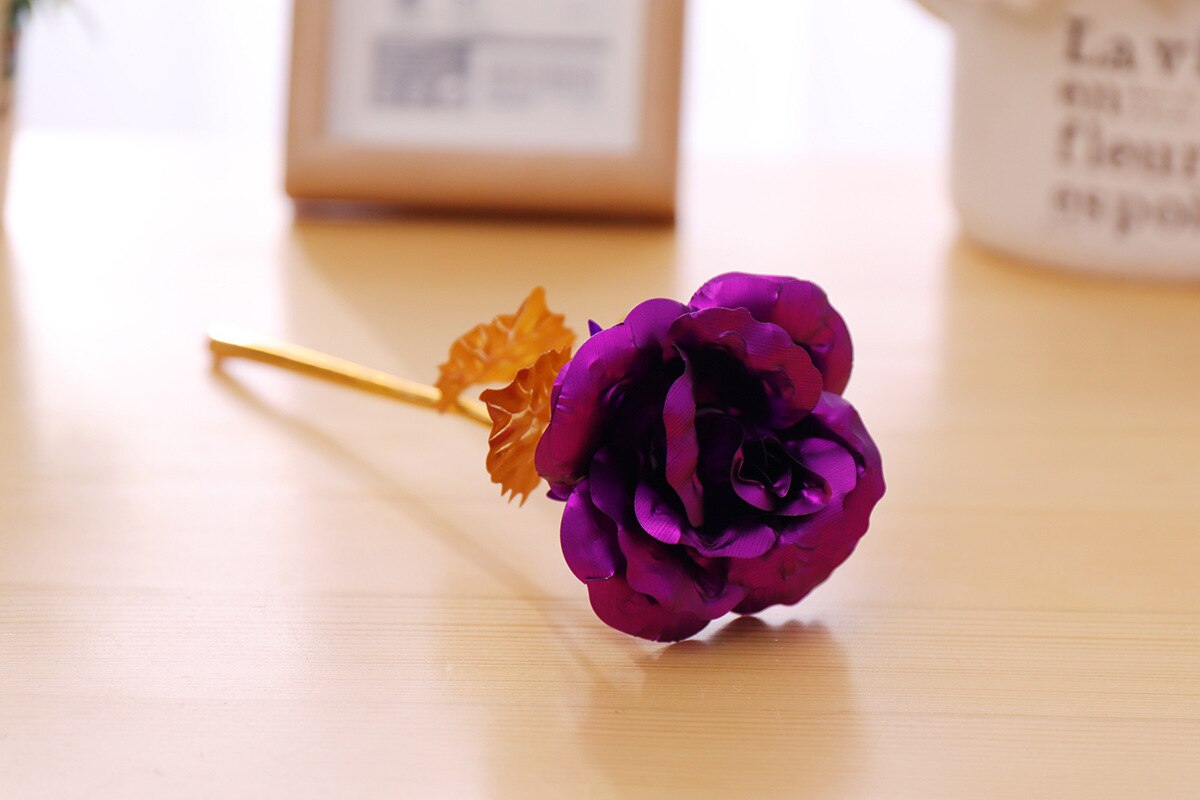 Love Base 24K Foil Plated Gold Rose Artificial Flowers Valentines Day Birthday for Girlfriend Wedding Decoration Bride: Va002-Purple