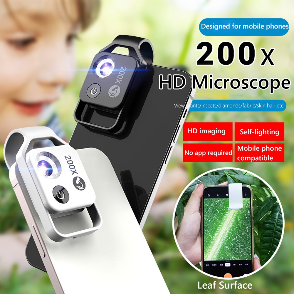 Universal 200x " hd magnification microscope lens with cpl led lights, portable mobile phone macro lens, smartphone accessory
