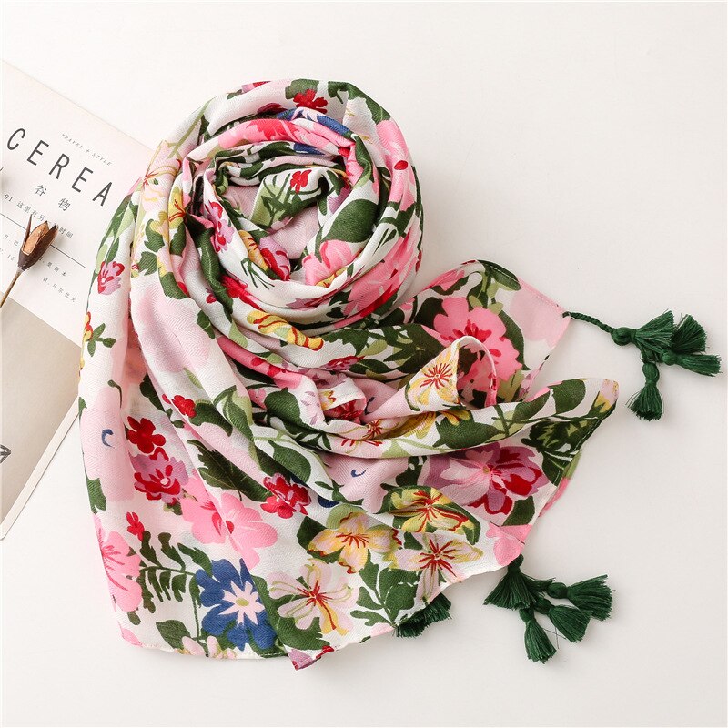 Foulard en coton imprimé de fleurs pour femmes, écharpe fine et respirante, longue, Hijab musulman, châles et enveloppes