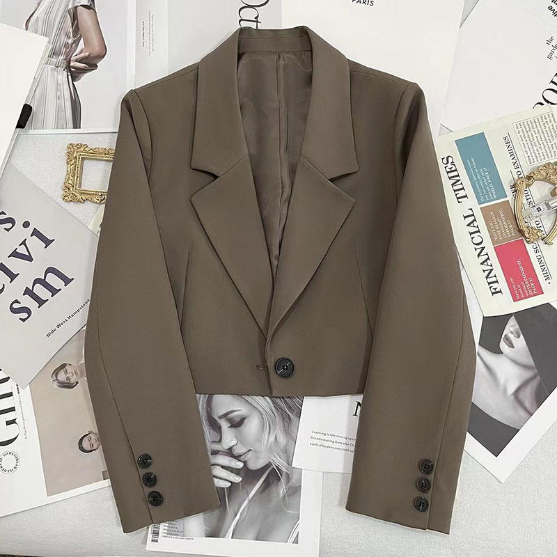 Dameblazere med korte ermer, koreansk, dressjakke, dame, allsidig, kort blazer, dame: Xl / Kaffe