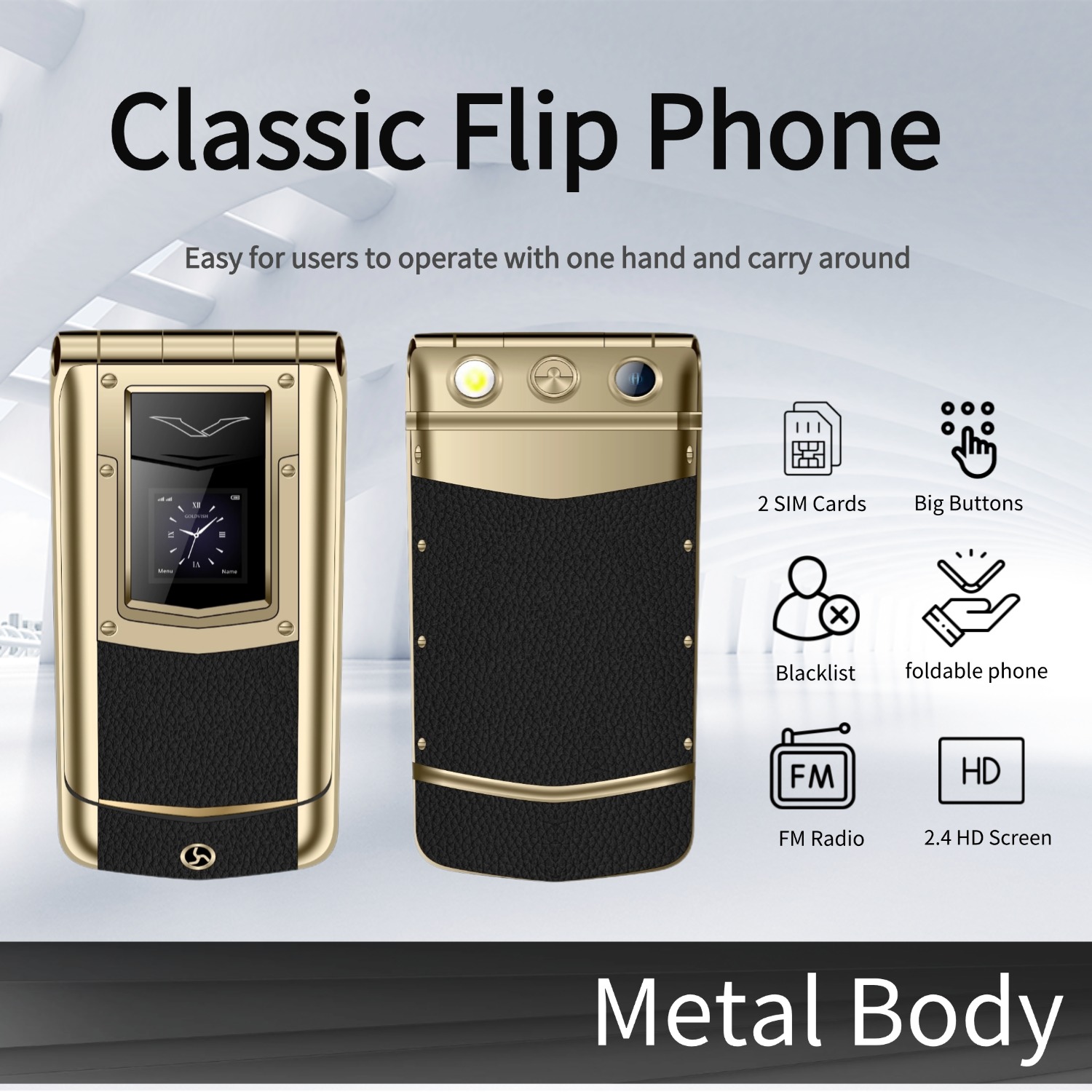Telefono a conchiglia classico di lusso 2G Corpo in metallo Doppio pulsante SIM dovuto schermi Magia voce lista nera mobile pieghevole per anziani