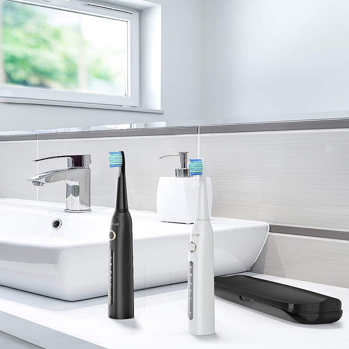 Fairywill Sonic Electric Toothbrushes FW-507-BW Combination USB Rechargeable for Adult Kids Replacement with 10 Heads 5 Modes