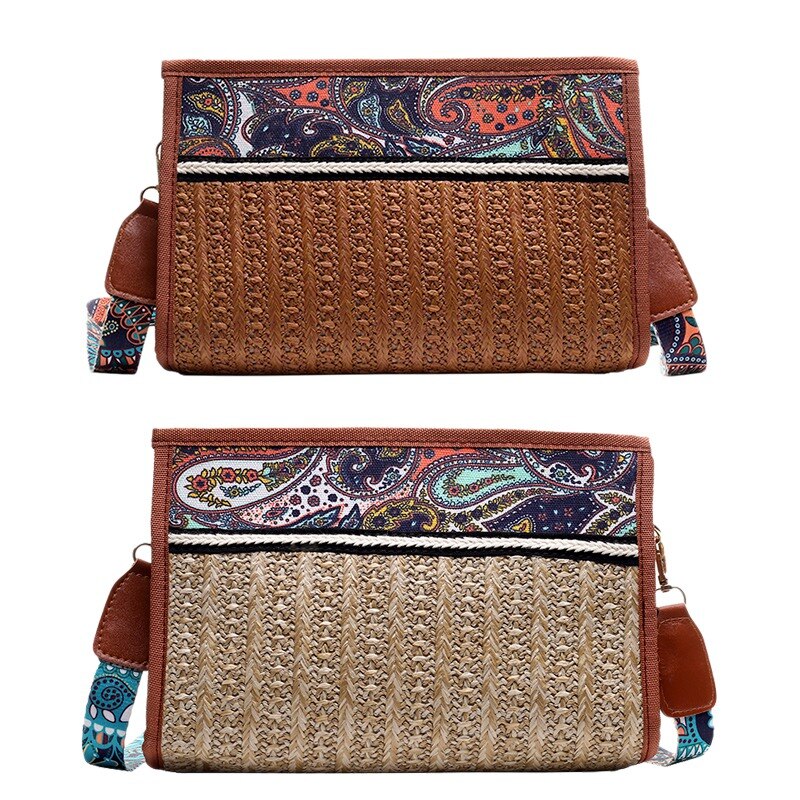 Bolso Boho de ratán, bolsa de paja para playa, bolso étnico de hombro para mujer con correa colorida, bolsos cruzados para mujer, marrón