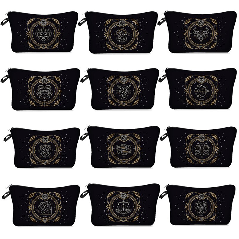 Women Makeup Cosmetic Bag Black Toiletry Bag With 12 Constellation Travel Bag Organizer Beauty Case Printed Makeup Pouch