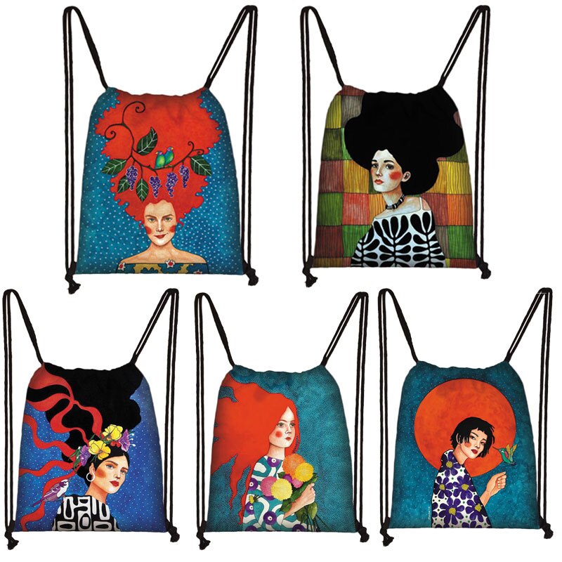 Retro Europese Olieverf Meisjes Tasje Mooie Bloemen Touw Zakken Meisjes Draagbare Rugzak Unisex Reizen Boodschappentassen