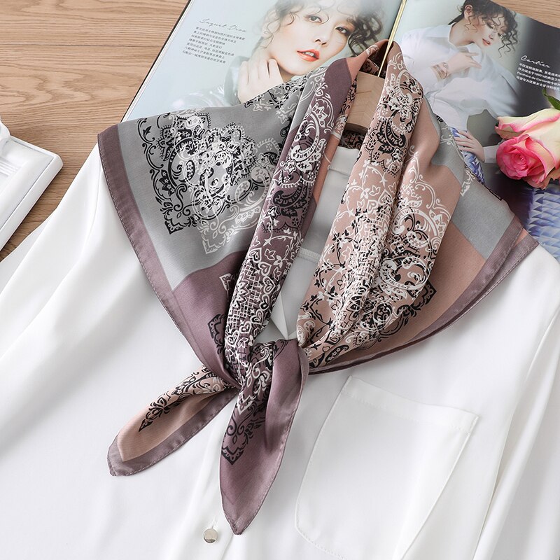 Las mujeres de seda cuello bufanda banda de pelo 70cm cuadrado verano pañuelo para mujer chales diadema de envoltura de impresión pañuelos de Bandana: FJ292-Khaki