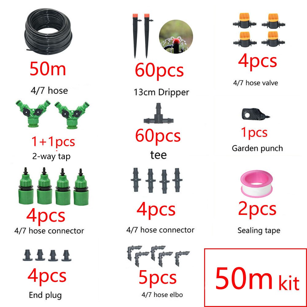 1/4" Hose Drip Irrigation System 360 Degree Adjustable 8 Hole Sprinkler Kit Garden Watering Inserting Ground Micro Flow Dripper: 50M