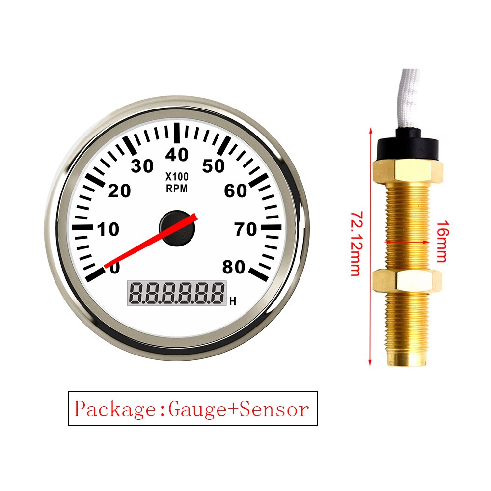 85MM Gauge with Tacho Sensor M16 for Gasoline Diesel Engine Tachometer 3KRPM 4KRPM 6KRPM 8KRPM With Hourmeter Red Backlight: 8KRPM WS M16