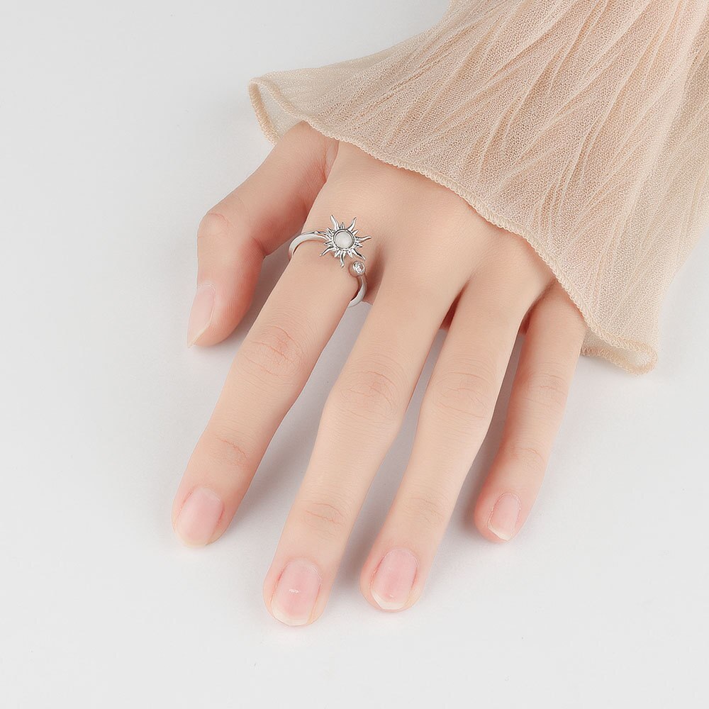 925 sterling silver zircon sunflower spinner rings for women, adjustable anti-stress rings, party wedding  jz511