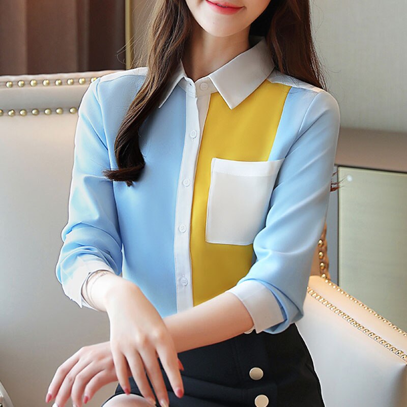 Camisas de mujer de oficina de otoño blusas de chifón informales empalmado ropa de mujer de manga larga con bolsillo 6196 50