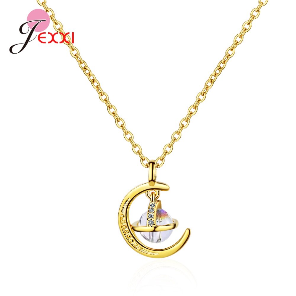 925 Sterling Silber Crescent Mond & Zirkon Planet Anhänger Halsketten für Frauen Zubehör S925 Kette Halsband: Gold