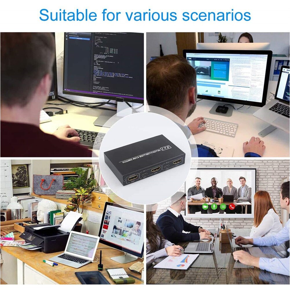 Interruptor KVM 4K compatible con HDMI, caja de 2 puertos USB para teclado y ratón de Monitor compartido, impresora EDID / HDCP adaptable, Plug And Play 4.