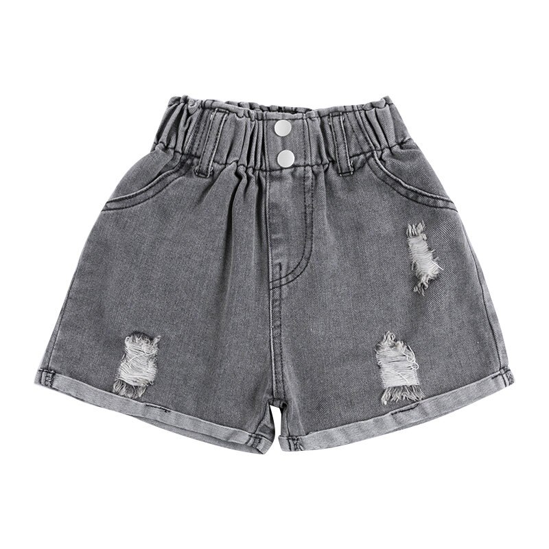 Pantalones cortos de tela vaquera con botón para niños, vaqueros de algodón rasgados para niñas, ropa de para adolescentes, color gris