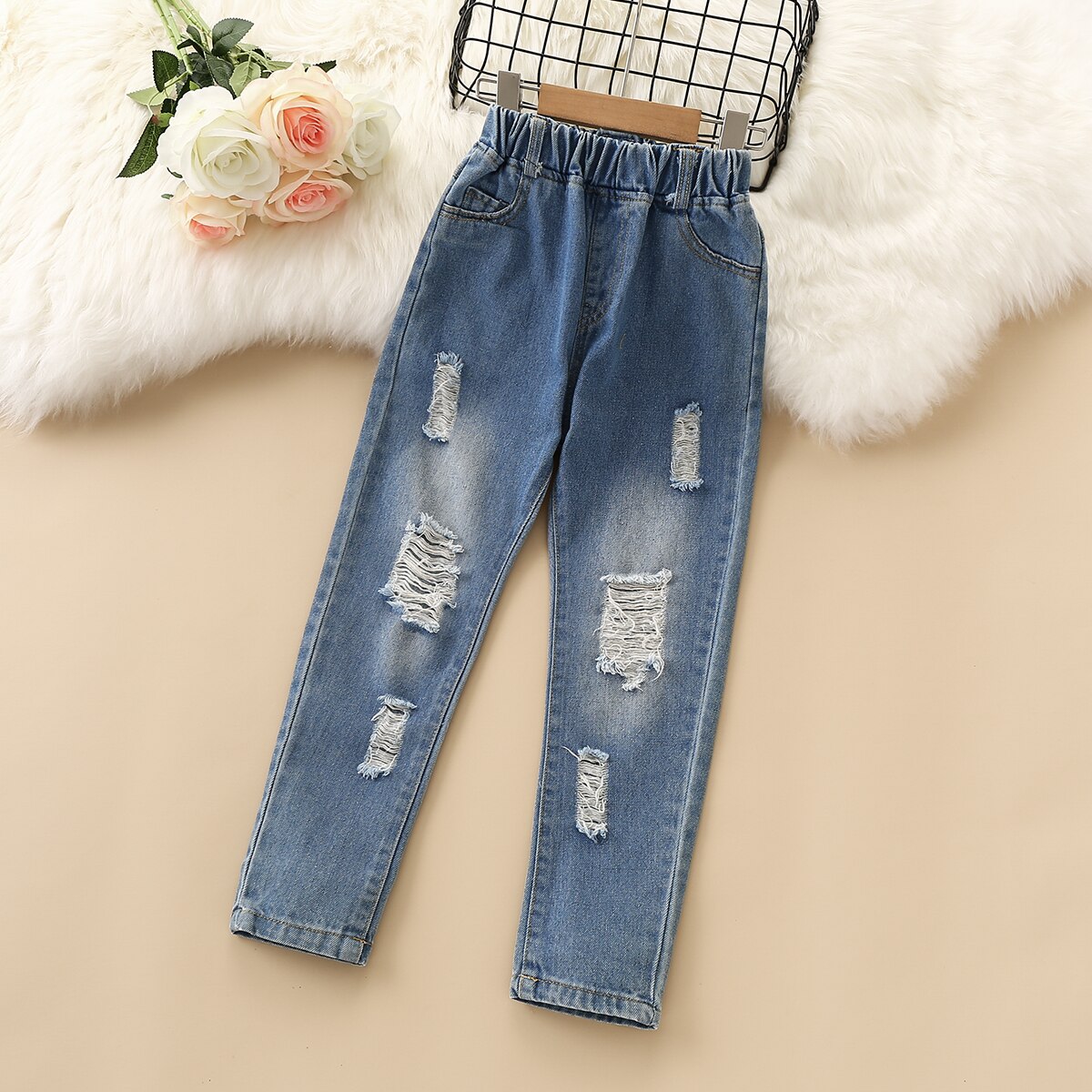 Casual Jongens Jeans Solid Elastische Taille Lange Kinderen Broek Mode Losse Gaten Jongens Denim Broek voor 6 8 10 12 jaar Kinderen