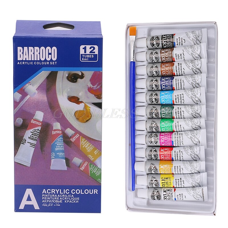 6 ML 12 Color Acrylic Paint Watercolor Set Hand Wall Painting Brush