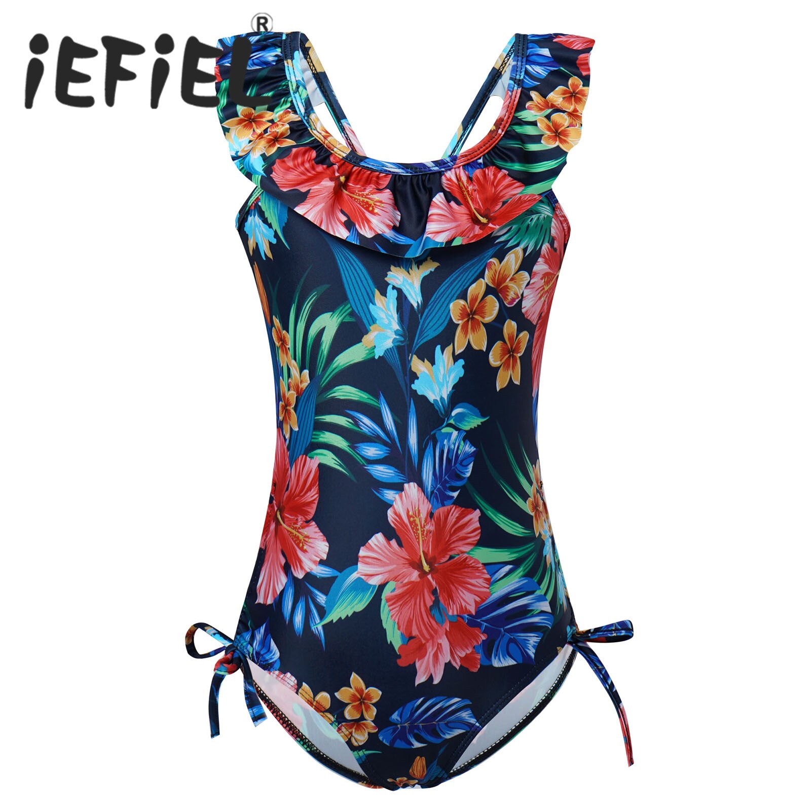 Kids Girls One-piece Beachwear Floral Pattern Ruffle U Neck Spaghetti Straps Leotard Swimsuit Beach Swimwear Bathing Suits
