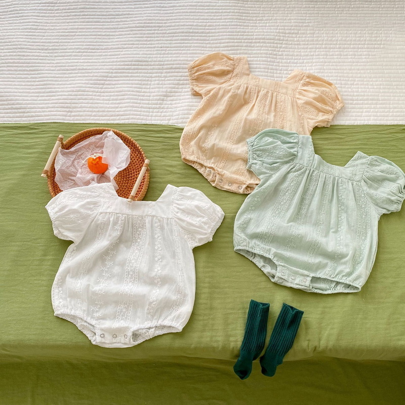 Body de algodón con cuello cuadrado para niña, mono de manga corta blanco, verde, albaricoque, ropa de niño E2045, novedad de verano 2022