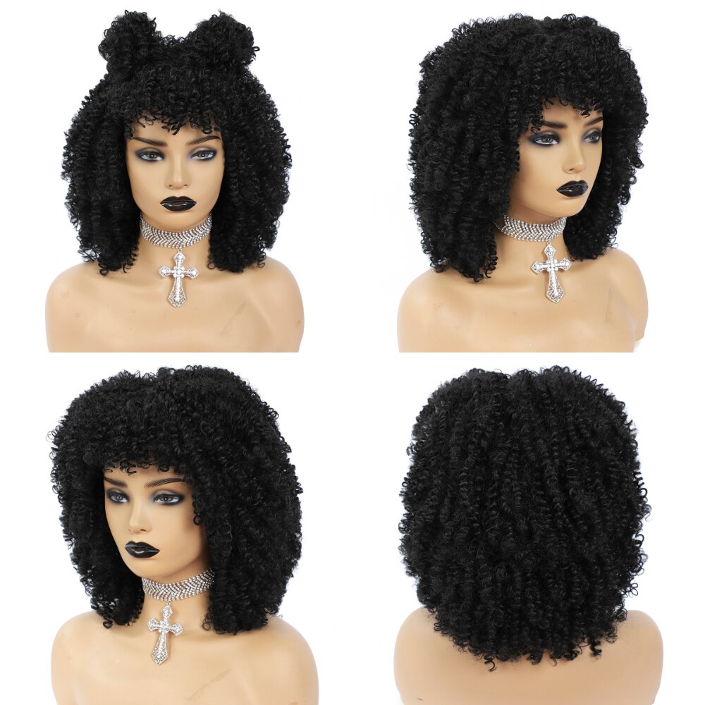 MSIWIGS Brown Synthetic Kinkly Curly Wigs for Women Black Short Afro Wig with Bangs Heat Resistant