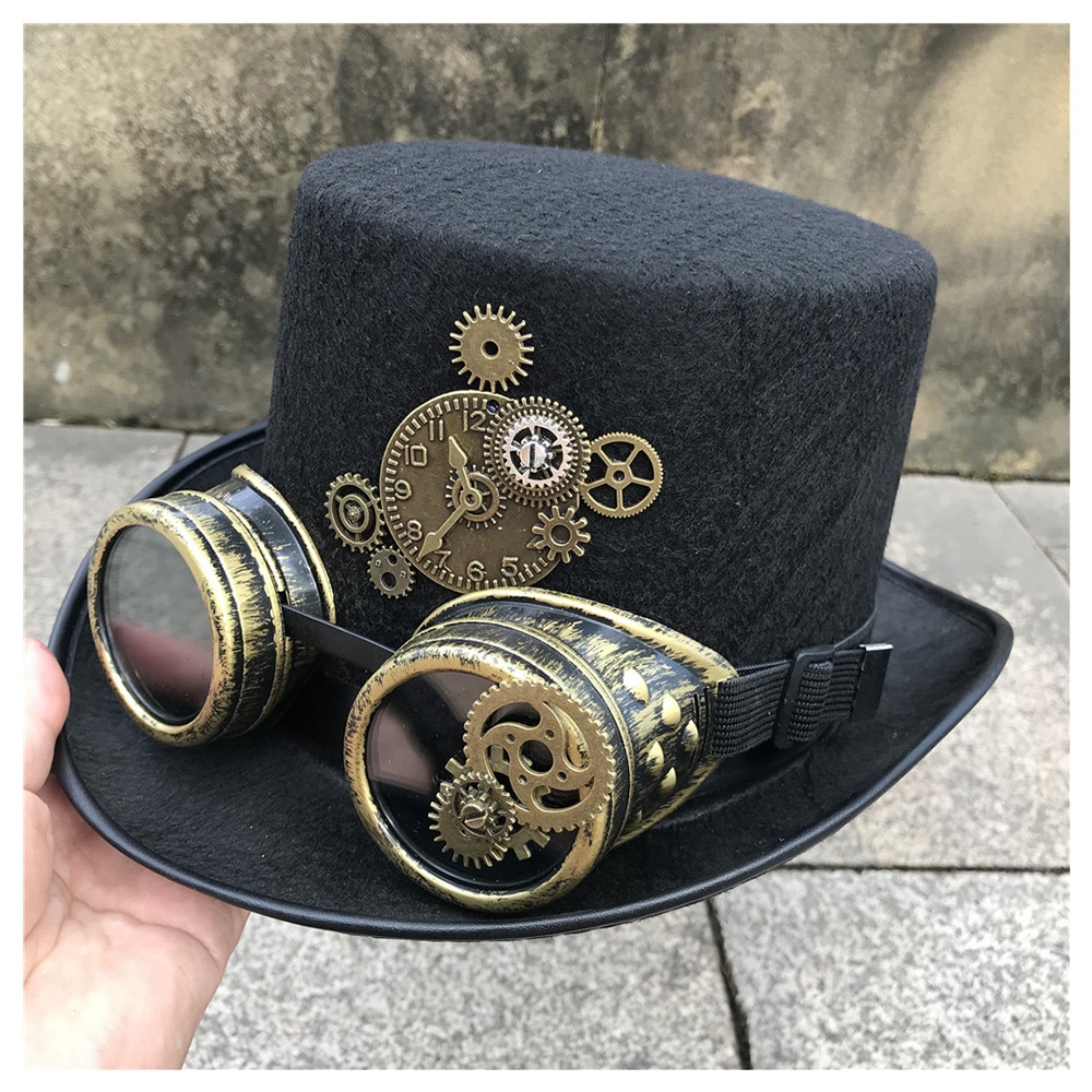 Mænd kvinder håndlavet steampunk top hat med gear briller scene magisk hat fest hat størrelse 57cm steampunk hat