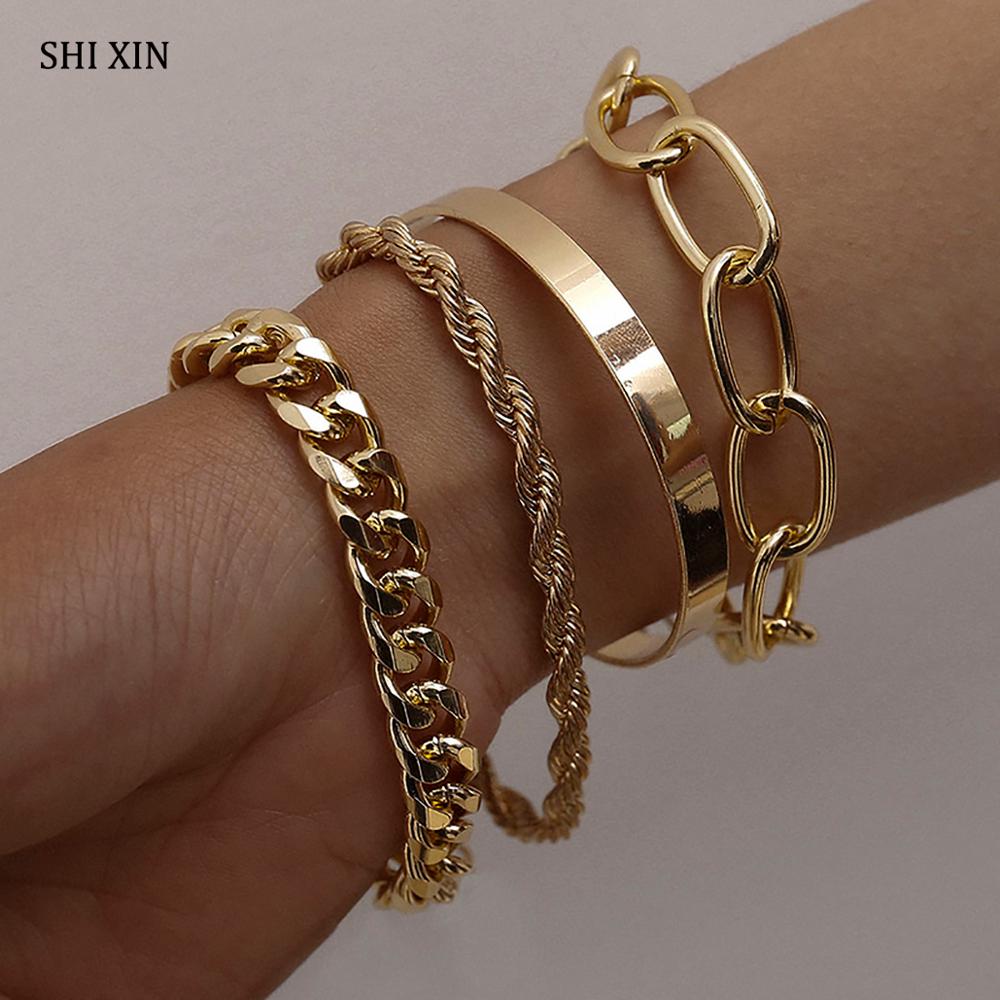 SHIXIN Hip Hop Chunky Chain Bracelets Bangles Set for Women Punk Gold/Silver Color Charms Bracelet Girls Hand Chain