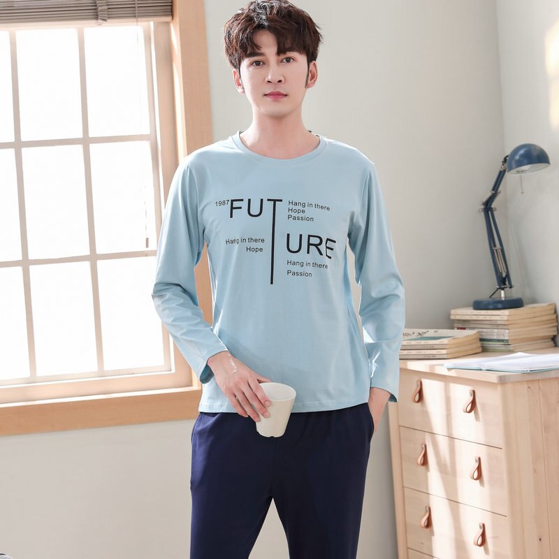pajamas set for men sleepwear letter prints nightwear winter long sleeved nightie male plus size pyjamas autumn suit