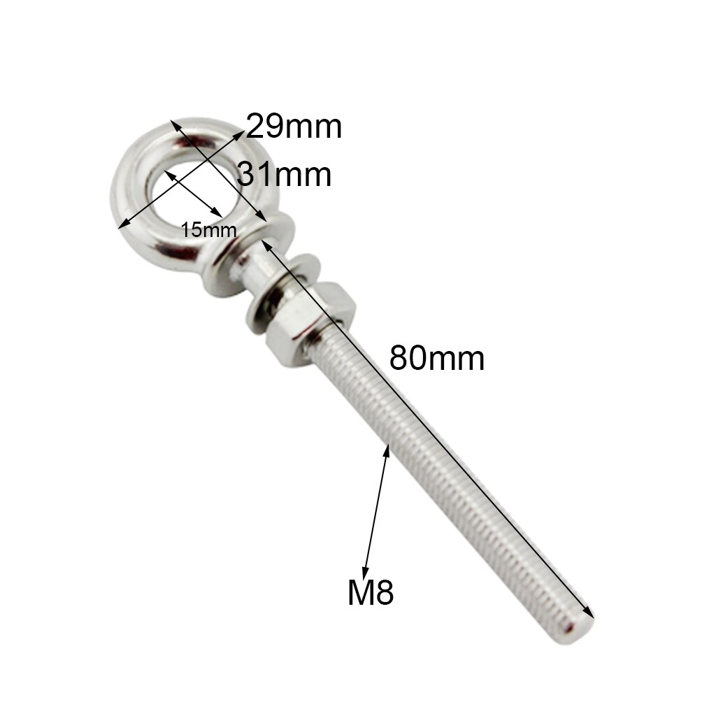 4 stk  m8 x 80mm rustfrit stål langskaftet øjebolt med skive og møtrik