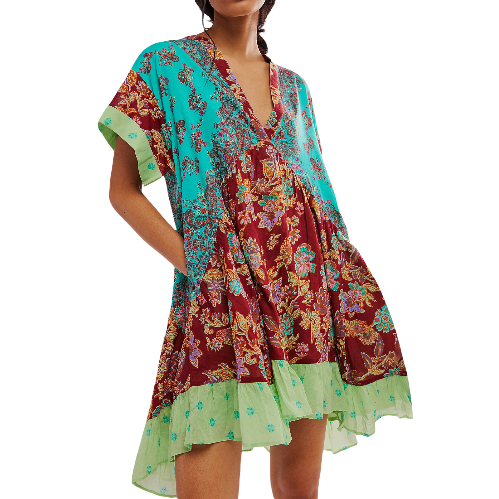 Kvinners sommer babydoll-kjole bohemsk blomstertrykk kortermet v-hals flagrende kjole med lommer fritids-retro: L / Innsjøblått