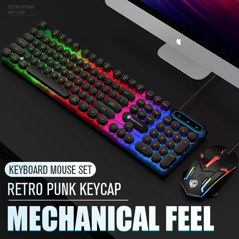 Punk Mechanical Feel Gaming Keyboard Mouse Combos Wired 104 Round Keycaps Keys Rainbow Backlit Keyboard for PC Gamer Computer