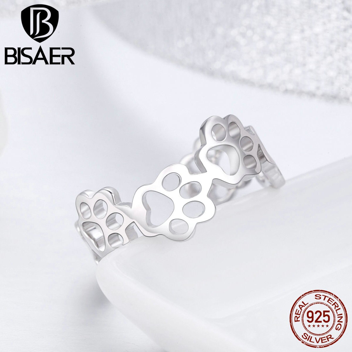 BISAER-anillo ajustable para mujer, de Plata de Ley 925, con huellas de animales, huellas de perro y gato, joyería 925