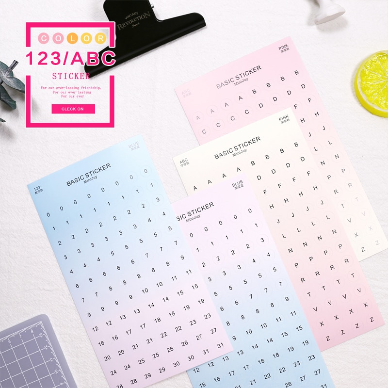 Mypretties 2 vellen kleurplaten met cijfers en letters, functionele stickers, plannerstickers, schemastickers, briefpapierstickers