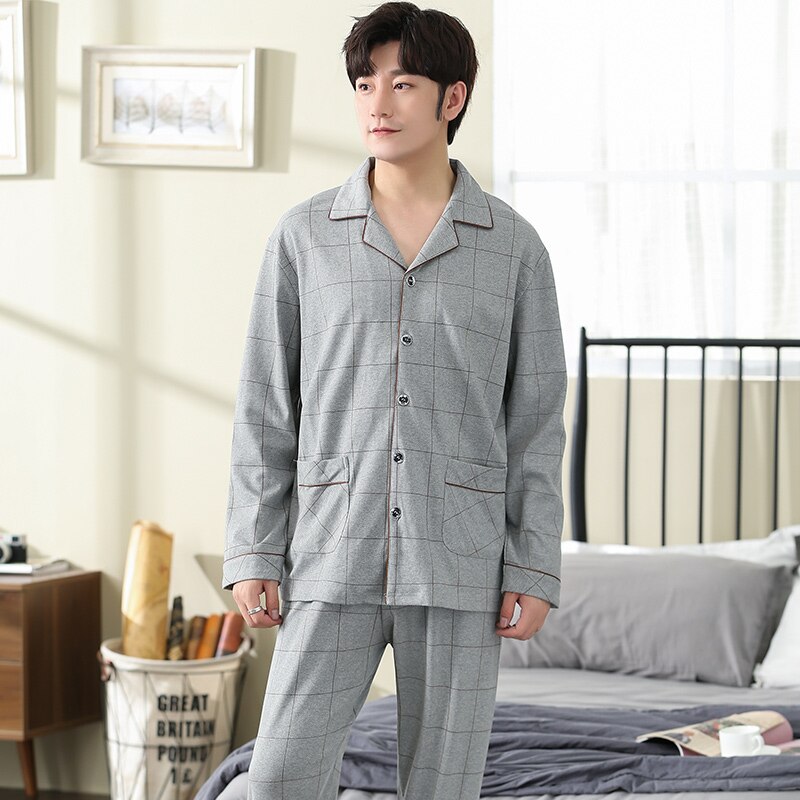 Pijama de algodón puro para Hombre talla grande XXXL, Tops de manga larga, pantalones, gris, a cuadros, para casa