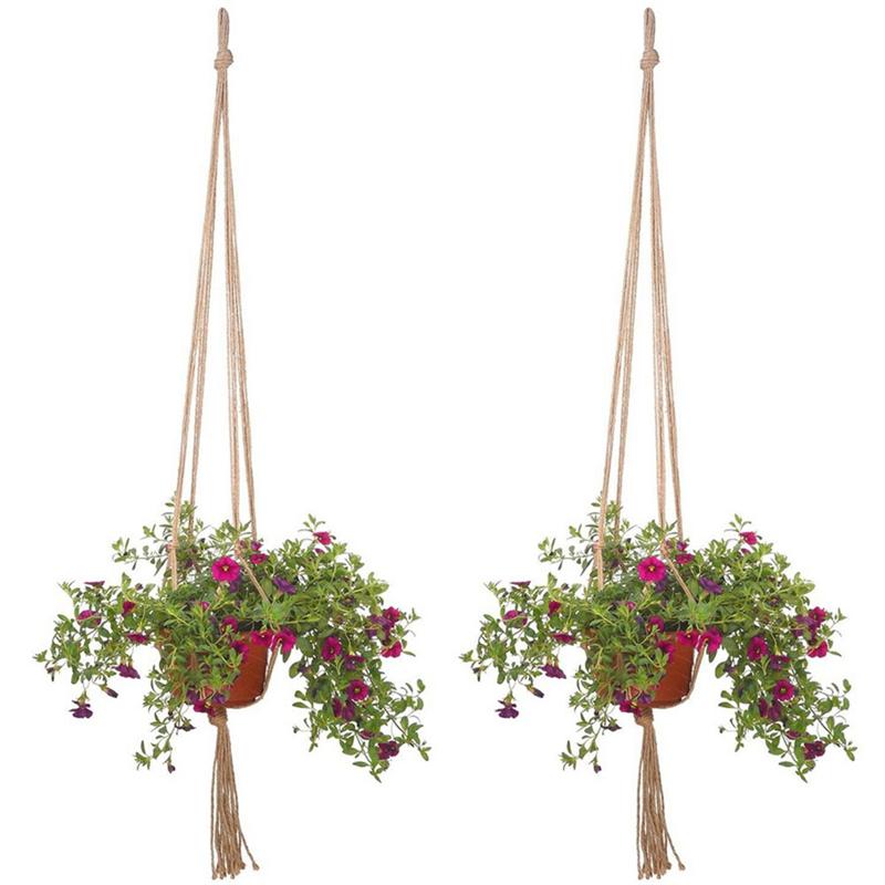2 st 1.05m makrame jute blomhängare växt hängande korg för takdäck balkong runda och fyrkantiga krukor för väggträdgård