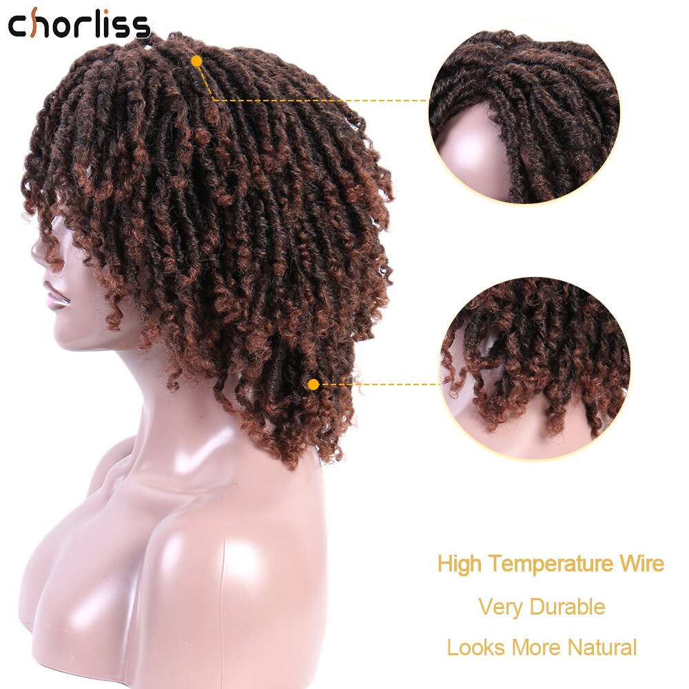 Dreadlock hår peruker mjuka korta syntetiska peruker kinky lockiga peruker för kvinnor virkad fläta peruk ombre bugg hög temperatur fiber