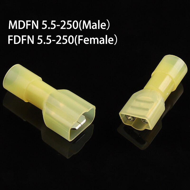 Fully insulated Nylon 6.3mmFemale + Male Insulated Spade Electrical Wire Crimp Terminal Connectors Wiring Cable Plug set: Yellow MDFN FDFN / 50PCS(25set)