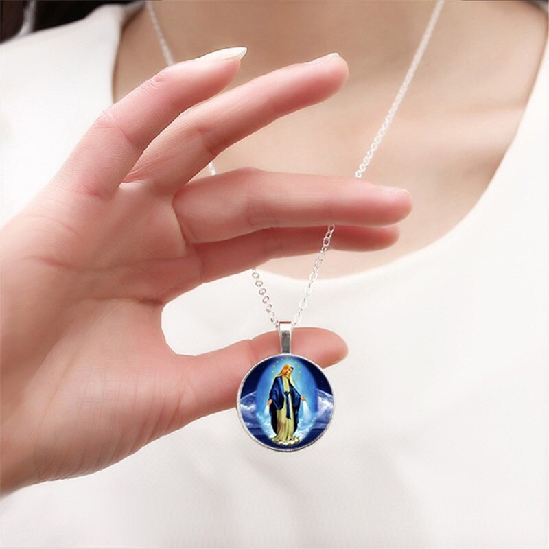 Jomfru mary glass cabochon anheng halskjede øredobber armbånd armbånd sett totalt 4 stk smykkesett til kvinner og #39 ;s