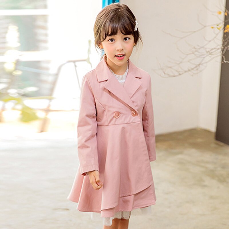 Meisjes Trenchcoat Herfst Winter Mode Effen Kleur Lange mouwen Katoenen Kinderen Trenchcoat Meisje Kinderen Jas 6-14 jaar