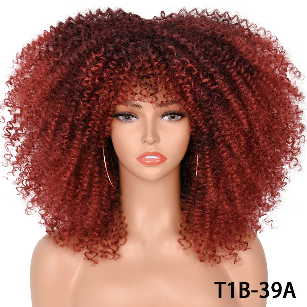 Pelucas rubias de pelo corto para mujeres negras, Afro, rizado, flequillo, Cosplay, Lolita, sintético, Marrón Natural, mezclado: 1B/30HL