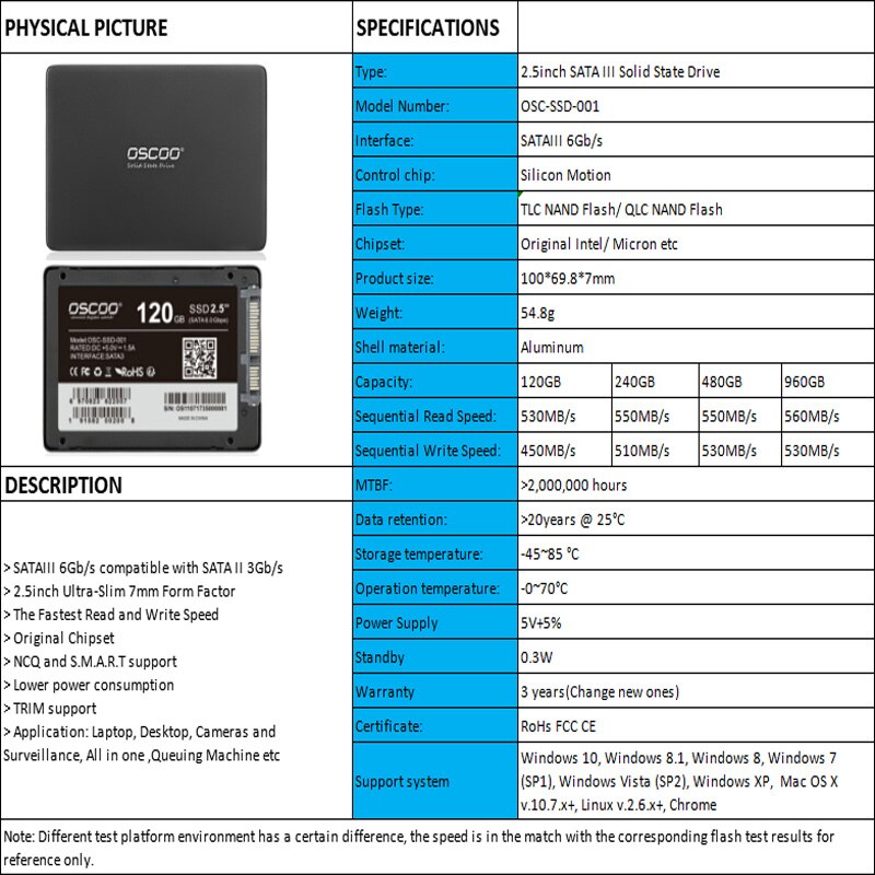 Oscoo ssd hdd 2.5 sata3 ssd 120 gb sata iii 240 gb ssd 480 gb ssd 960gb 7mm unidade de estado sólido interno para desktop computador portátil